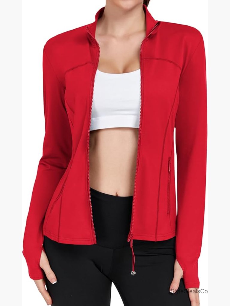 Lightweight Full Zip Workout Jacket With Thumb Holes Slim Fit